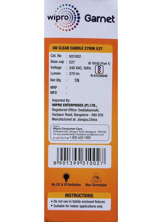 WIPRO مصباح وِيبرو غارنيت 3 واط قاعدة E27 شفاف شمعة LED | أبيض دافئ (2700K) | عبوة من 10 | بصرية شفافة لتأثير متلألئ | مصباح LED خيطي للمنزل، المكتب، الثريا، ظل مصباح زخرفي - Image 3