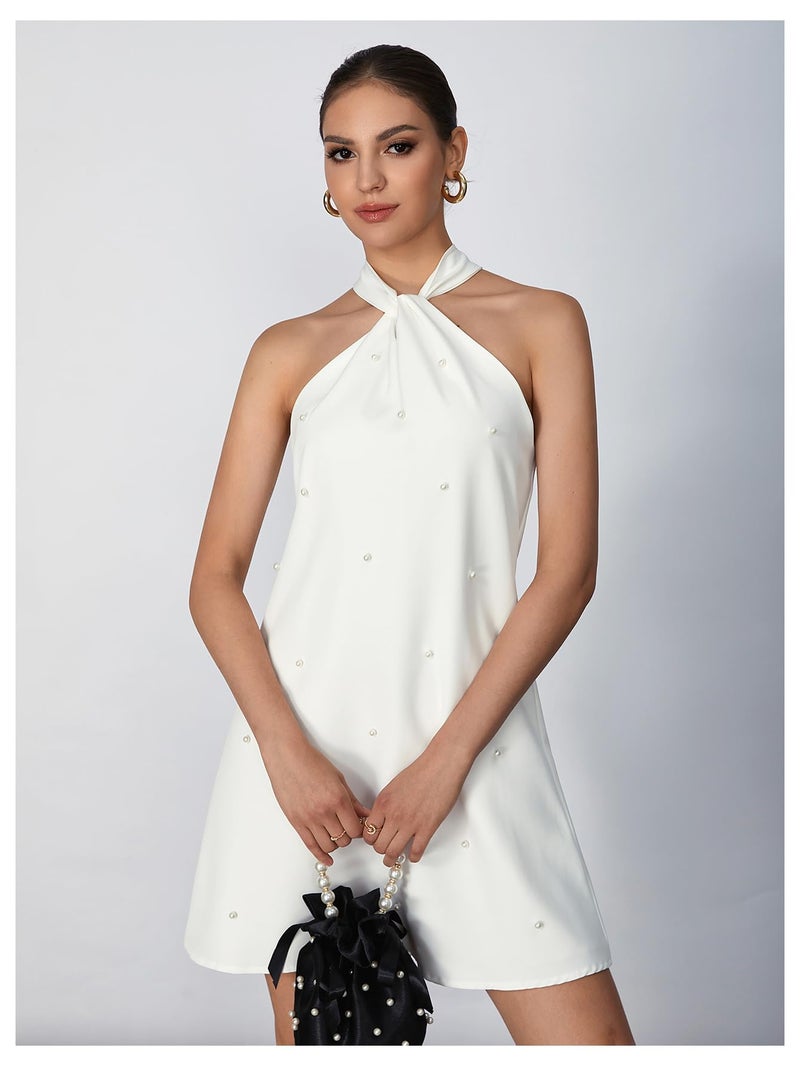 Floerns Women's Pearl Beaded Halter Twist Sleeveless Tie Back Dress A Line Dress White - Image 4