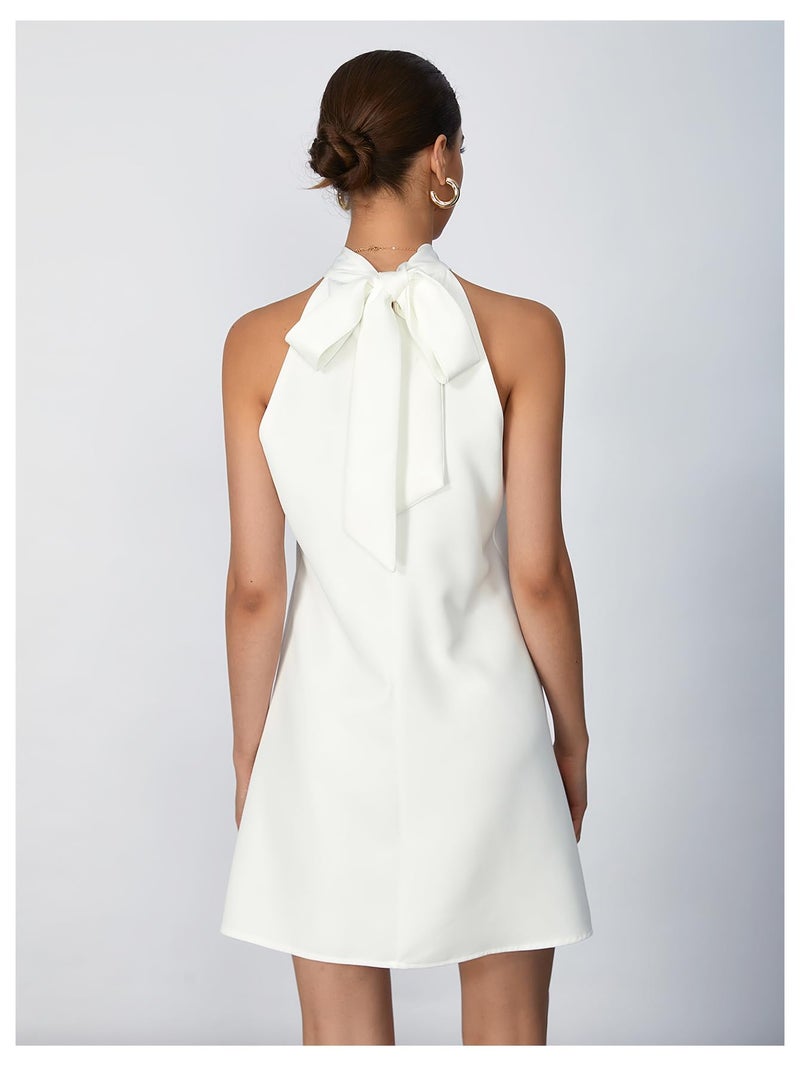 Floerns Women's Pearl Beaded Halter Twist Sleeveless Tie Back Dress A Line Dress White - Image 2