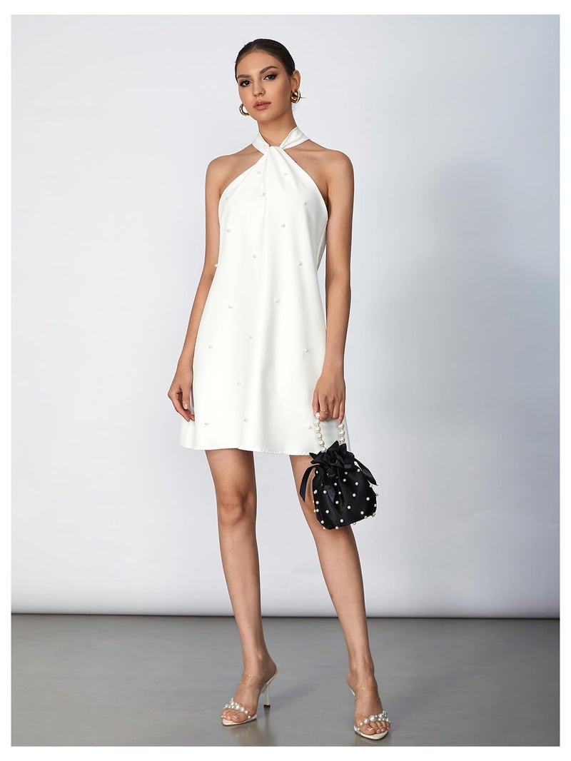 Floerns Women's Pearl Beaded Halter Twist Sleeveless Tie Back Dress A Line Dress White - Image 5