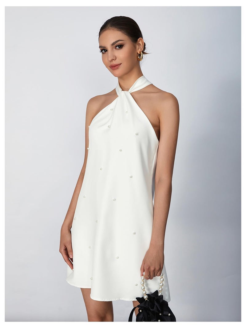 Floerns Women's Pearl Beaded Halter Twist Sleeveless Tie Back Dress A Line Dress White - Image 3