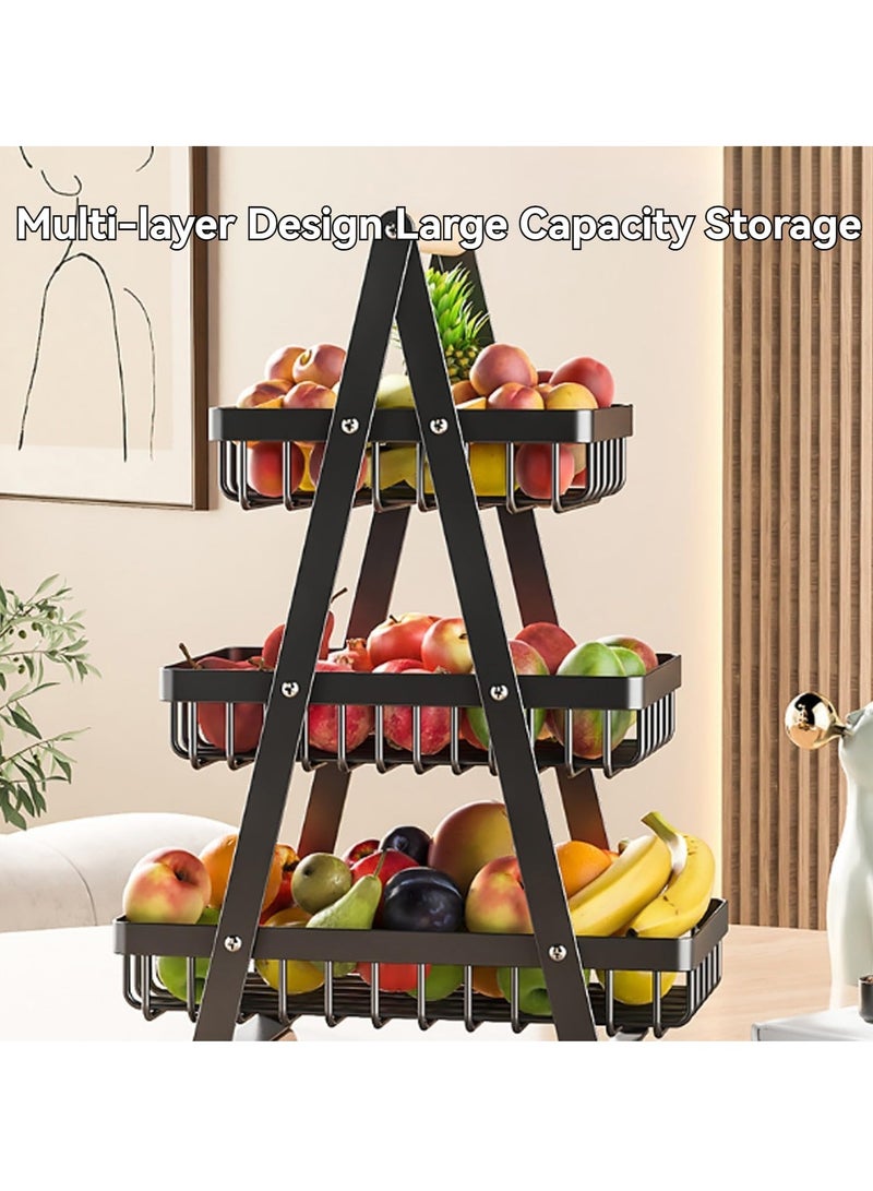 TodyJeyHo 3-Tier Fruit Basket, Detachable Metal Vegetable Basket with Wooden Handle, Kitchen Counter Fruit Bowl for Fruit and Vegetable Storage, Large Capacity Bread Basket, Fruit Holder, Snack Organizer - Image 2