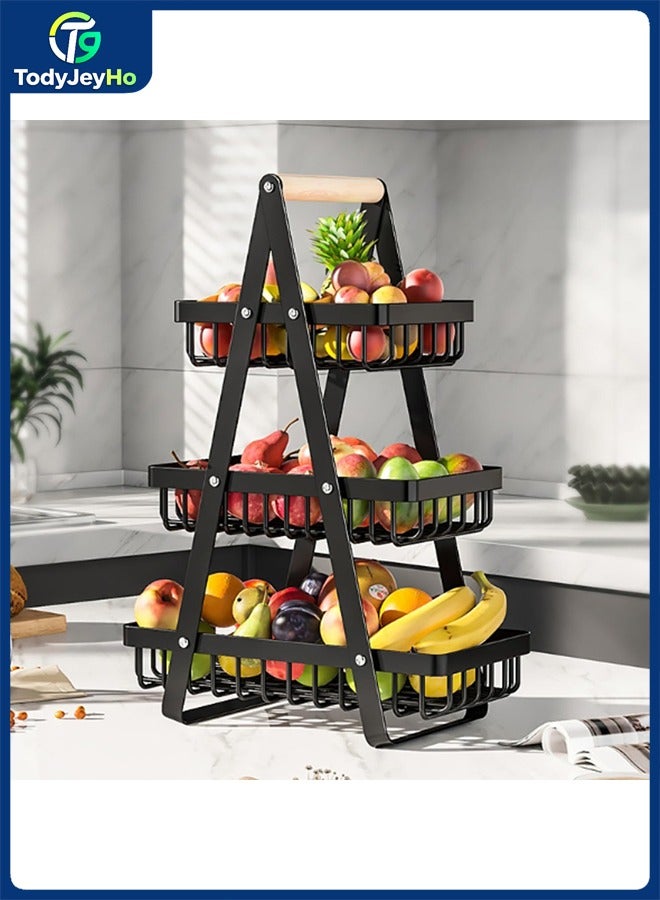 TodyJeyHo 3-Tier Fruit Basket, Detachable Metal Vegetable Basket with Wooden Handle, Kitchen Counter Fruit Bowl for Fruit and Vegetable Storage, Large Capacity Bread Basket, Fruit Holder, Snack Organizer - Image 1