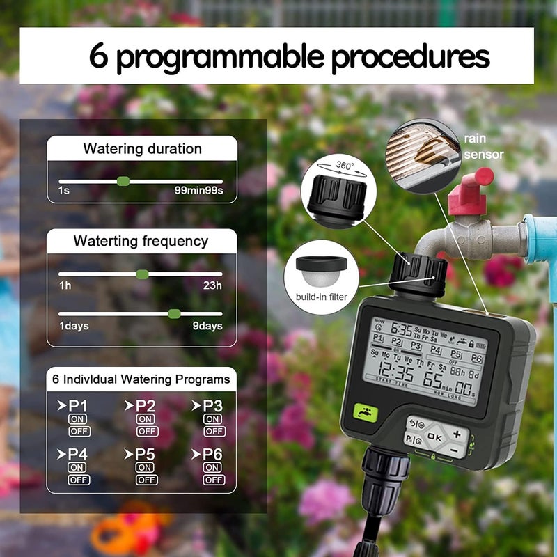 GERM Automatic Water Timer Watering Hose Irrigation Systems Watering Houseplants Water Timer with 6 programmable Rain delay/manual/auto mode, for lawn garden irrigation (Gray) - Image 2