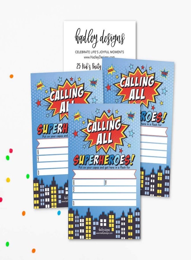 هادلي ديزاينز تصاميم هادلي لدعوات أعياد ميلاد الأطفال - ثيم الأبطال الخارقين - 25 دعوة لحفلات أعياد ميلاد الأولاد، دعوات مستوحاة من القصص المصورة، لوازم حفلات الأبطال الخارقين اللطيفة، صنع في الولايات المتحدة الأمريكية - Image 4