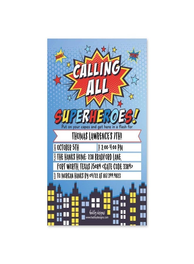 هادلي ديزاينز تصاميم هادلي لدعوات أعياد ميلاد الأطفال - ثيم الأبطال الخارقين - 25 دعوة لحفلات أعياد ميلاد الأولاد، دعوات مستوحاة من القصص المصورة، لوازم حفلات الأبطال الخارقين اللطيفة، صنع في الولايات المتحدة الأمريكية - Image 2