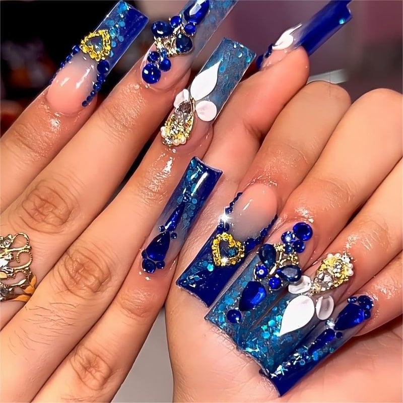 QQPPOLIU Royal Blue Press on Nails Long Length Square Shape Acrylic Fake Nails with Rhinestones Designs False Nails Mother'S Day Gift 24pcs - Image 1