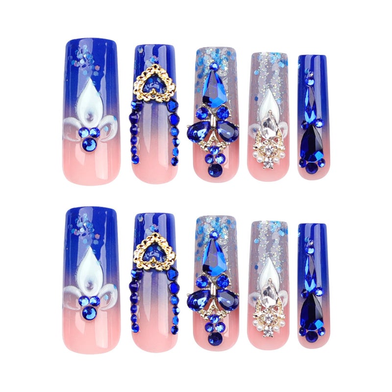 QQPPOLIU Royal Blue Press on Nails Long Length Square Shape Acrylic Fake Nails with Rhinestones Designs False Nails Mother'S Day Gift 24pcs - Image 5