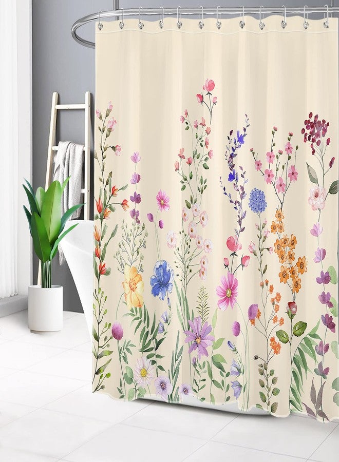 LB Farmhouse Floral Shower Curtain for Bathroom,Nature Colorful Wildflower and Green Botanical on Beige Fabric Shower Curtain with Hooks,Spring Country Theme Bathroom Curtains Shower Set, 72x72 inches - Image 2