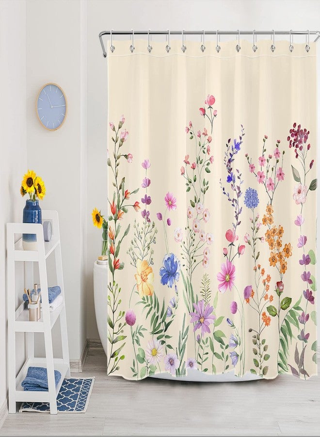 LB Farmhouse Floral Shower Curtain for Bathroom,Nature Colorful Wildflower and Green Botanical on Beige Fabric Shower Curtain with Hooks,Spring Country Theme Bathroom Curtains Shower Set, 72x72 inches - Image 3