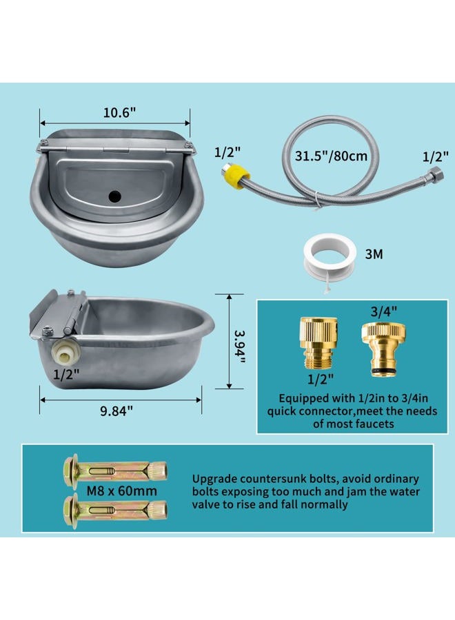 COMVIEE Automatic Animal Drinking Water Bowl, 304 Stainless Steel Waterer for Dog Horse Goat Pig Cow, Livestock Water Trough Dispenser with Pipe Hose, 2 Float Valves, Quick Connecter, Expansion Bolt - Image 3