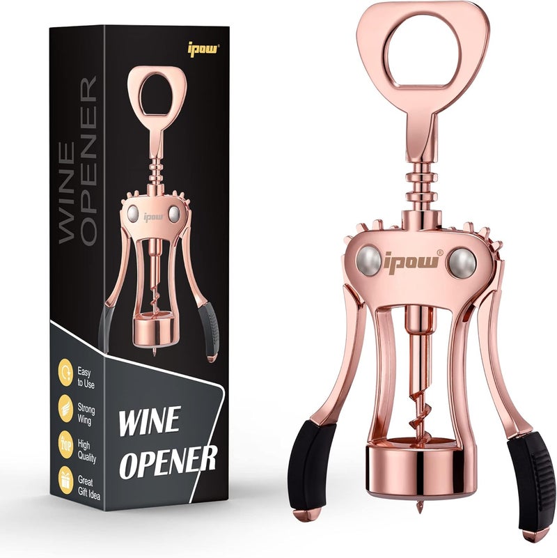 IPOW Wine Opener, Zinc Alloy Wine Bottle Opener, Wing Corkscrew Heavy Duty, Manual Multifunctional Cork Screw for Waiter,Rose Gold - Image 1