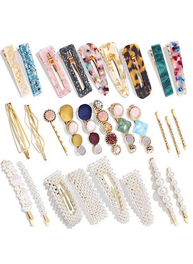 MagicSky 28 Pcs Hingwah Pearls And Acrylic Resin Hair Clips Handmade Hair Barrettes Marble Alligator Bobby Pins Glitter Crystal Geometric Hairpin Elegant Gold Hair Accessories Gifts For Women Girls - Image 1