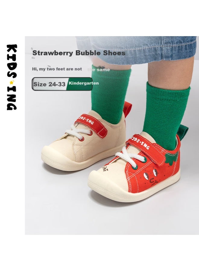Kids.ing Spring New Style Kids Girls' Canvas Shoes With Strawberry Pattern Soft Bottom Toddler Shoes Red/beige Size 27 - Image 2