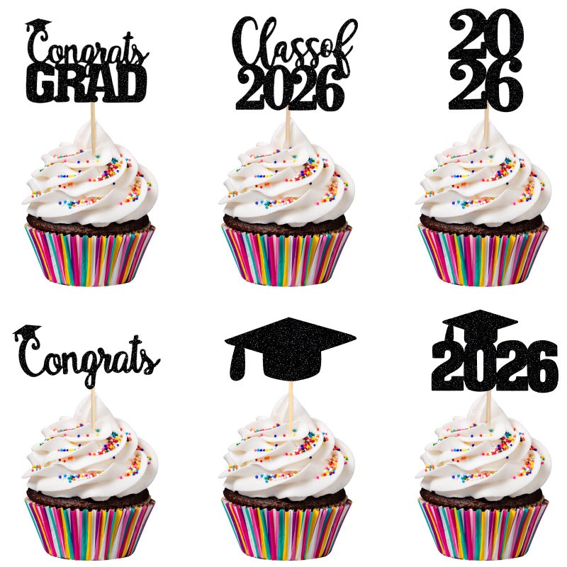 LeeSky 30Pcs Graduation Cupcake Toppers 2026 Black Glitter Class Of 2026 Graduation Cupcake Toppers Picks 2026 for Black 2026 Graduation Party Cake Decorations - Image 2