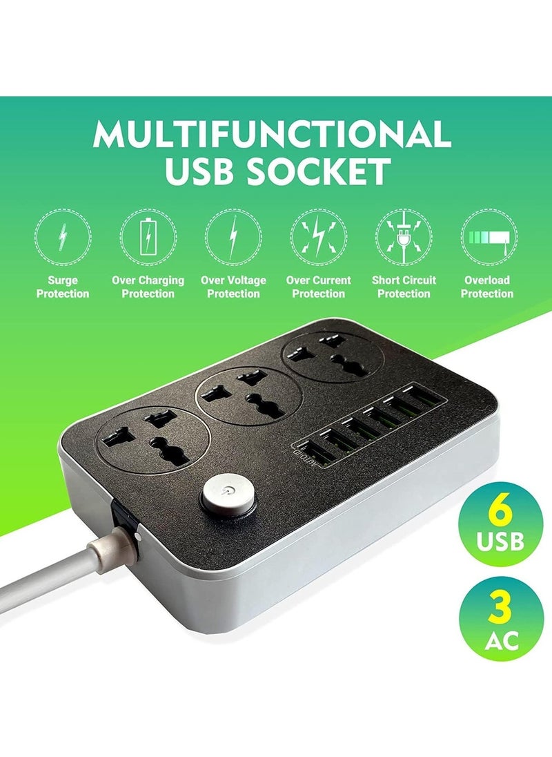 ELTRAZONE موزع طاقة مع 3 مآخذ و 6 منافذ USB – كابل تمديد ثقيل 2 متر - Image 3