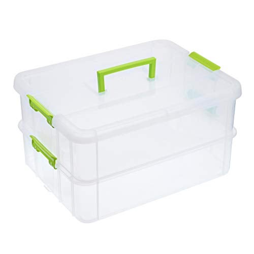 JUXYES 2-Tiers Stack Carry Storage Box With Handle, Transparent Stackable Storage Bin With Handle Lid Latching Storage Container for School & Office Supplies (Green) - Image 1