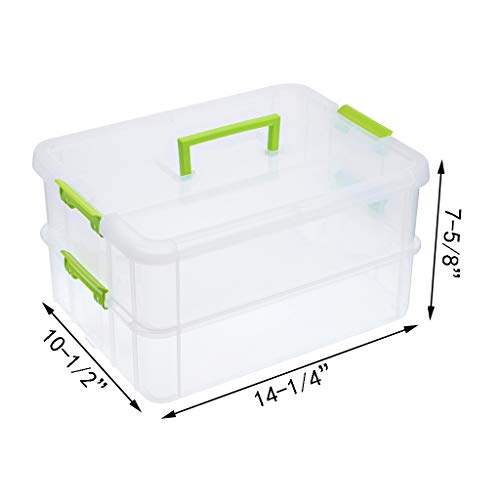 JUXYES 2-Tiers Stack Carry Storage Box With Handle, Transparent Stackable Storage Bin With Handle Lid Latching Storage Container for School & Office Supplies (Green) - Image 2