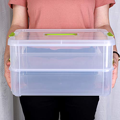 JUXYES 2-Tiers Stack Carry Storage Box With Handle, Transparent Stackable Storage Bin With Handle Lid Latching Storage Container for School & Office Supplies (Green) - Image 3