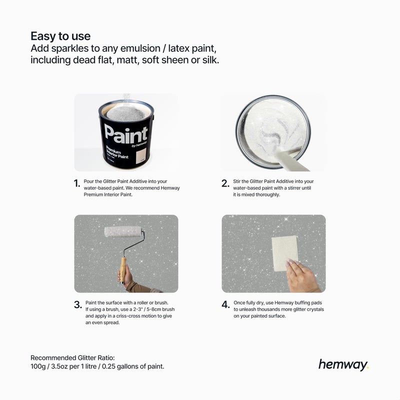 Hemway Glitter Paint Additive Crystals for Acrylic Emulsion Paint, Interior & Exterior Walls, Wood, Varnish, Matt, Gloss, Furniture 100g / 3.5oz - Fine (1/64" 0.015" 0.4mm) - Silver - Image 3