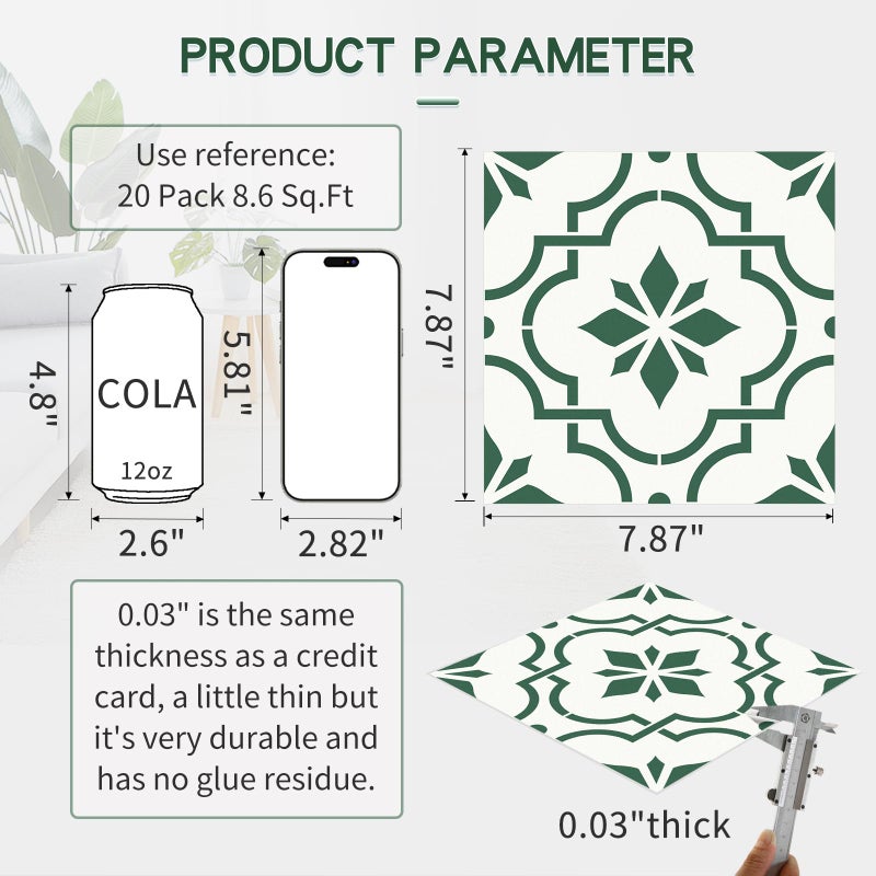 MORCART 7.87" x 7.87" Peel and Stick Floor Tile, 20-Pack Self-Adhesive DIY Vinyl Flooring for Renters, Removable and Waterproof Tile Sticker for Bathroom, Kitchen, Staircase (Green) - Image 2