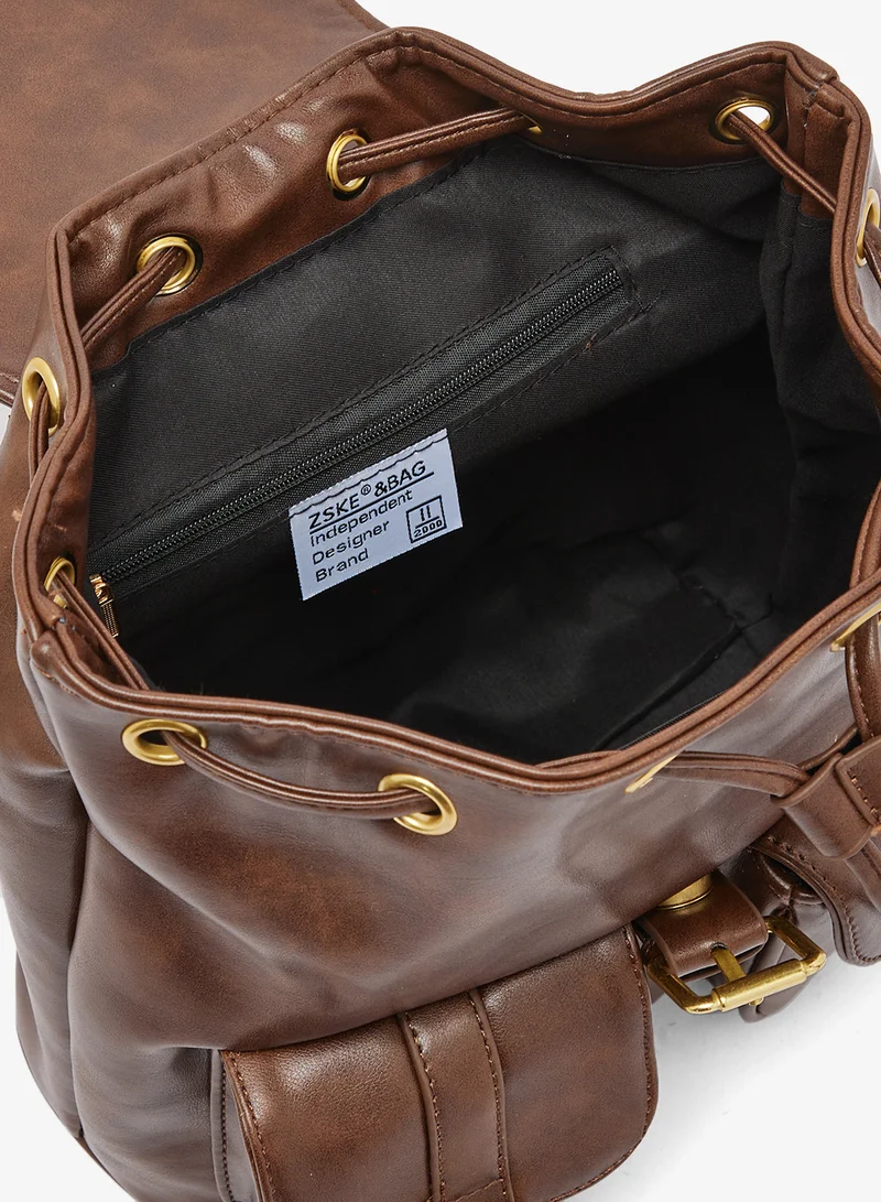 Ginger Brown Classic Gold Accent Flap Backpack for Women | Best Price UAE