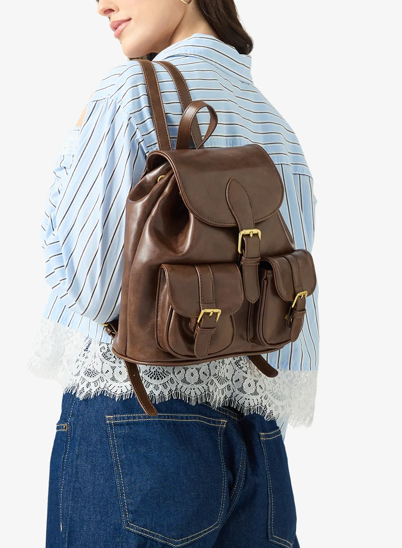 Ginger Brown Classic Gold Accent Flap Backpack for Women | Best Price UAE