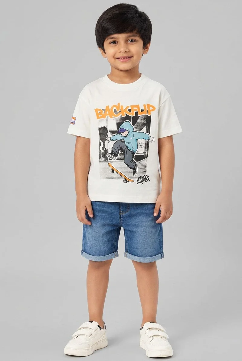 او في اس OVS White Oversized Pure Cotton T-Shirt With Skate Print For Boys