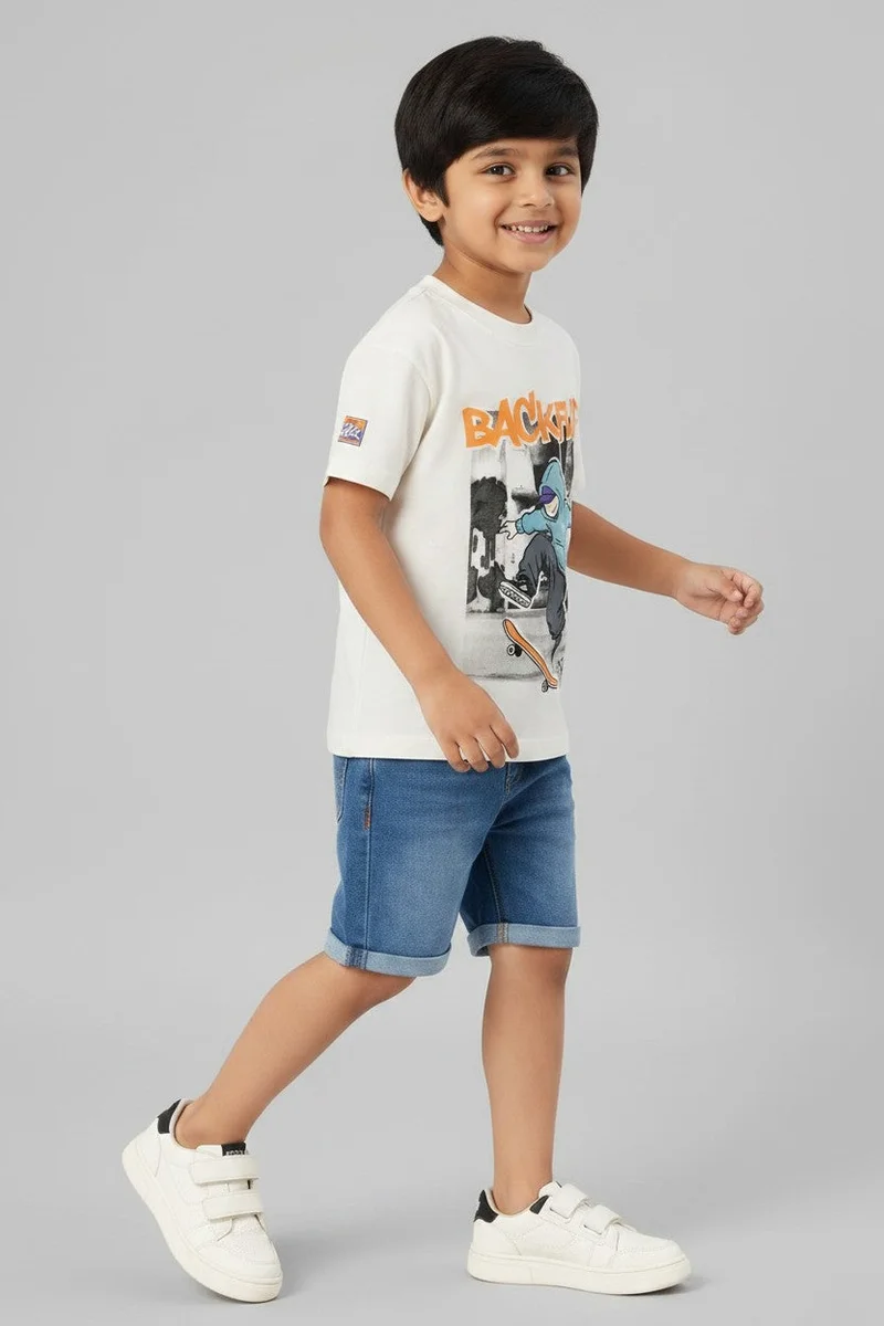 او في اس OVS White Oversized Pure Cotton T-Shirt With Skate Print For Boys