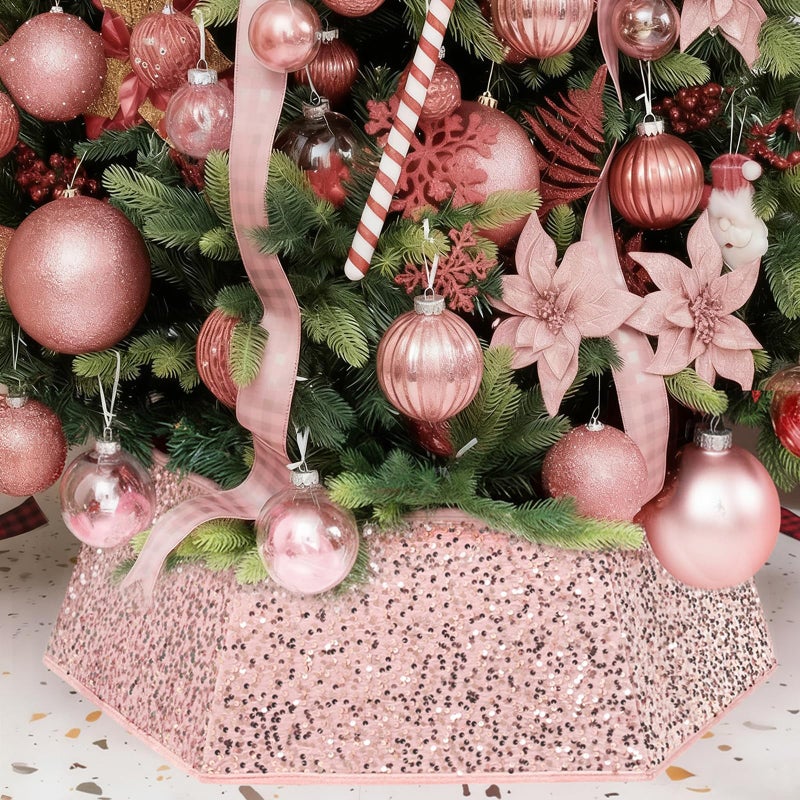 طوق شجرة عيد الميلاد XmasExp 335 بوصة تنورة شجرة لامعة قاعدة تغطية للديكور المنزلي حجم كبير 6 قطع ذهبية وردية
