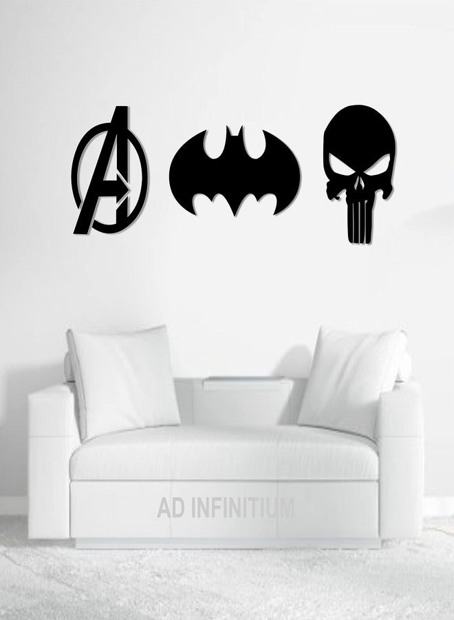 AD INFINITUM ® Superheros logo wall art| 6mm MDF Wood (without lights)| for Comic Lover, Gifting, Kids Room, Gaming Setup, Gaming Room, Man Cave (pack of 3 | the Batman, Avengers & Punisher) - Image 1