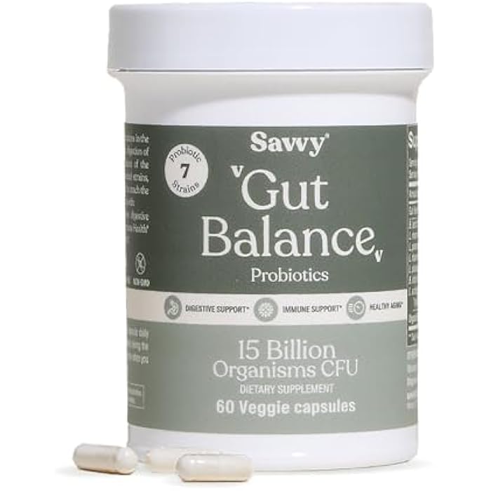 SAVVY Gut Balance Probiotics for Women & Men, 15 Billion CFU, 7 Clinically Studied Strains, Digestive Health, Immune Support, Bloating Relief, 60 Vegan Capsules, Non GMO, Sugar-Free - Image 1