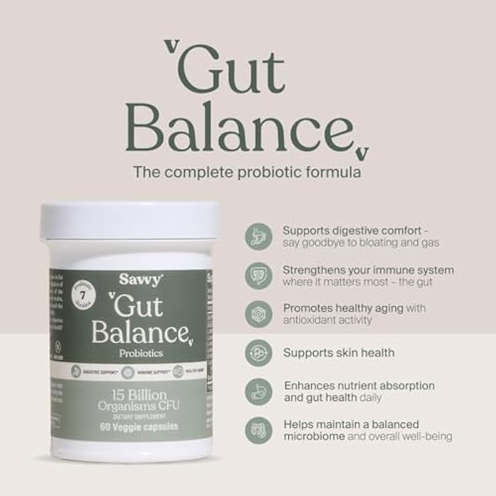 SAVVY Gut Balance Probiotics for Women & Men, 15 Billion CFU, 7 Clinically Studied Strains, Digestive Health, Immune Support, Bloating Relief, 60 Vegan Capsules, Non GMO, Sugar-Free - Image 3