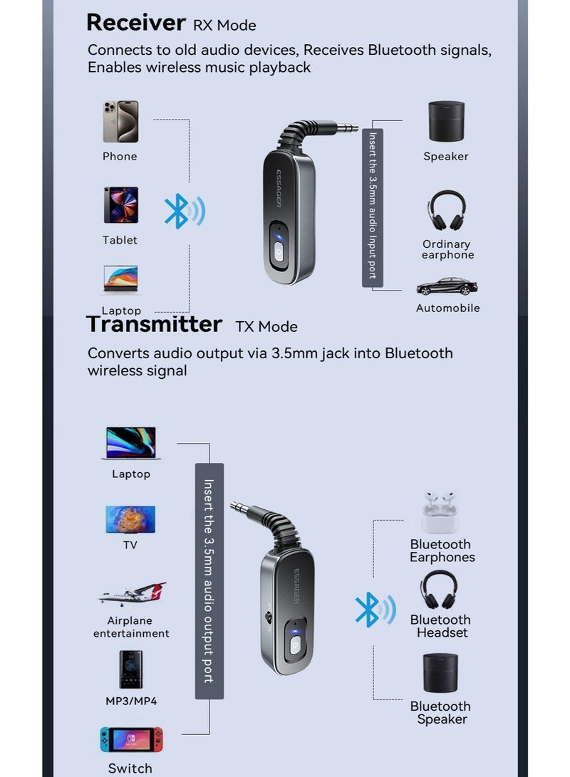 ESSAGER AUX Bluetooth Adapter and Transmitter, Wireless Noise Cancelling Bluetooth 5.1 with Built-in Microphone for Wireless Music and Hands-Free Calls - Image 4