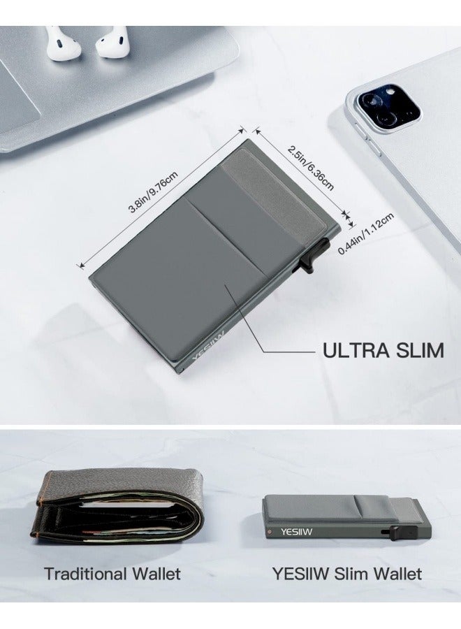 NIBEMINENT Slim Wallet for Men - Pop up Card Holder RFID Blocking Minimalist Business Credit Card Wallet with Money Pocket Metal Card Case for Notes and Coins and Debit Cards  - Image 4