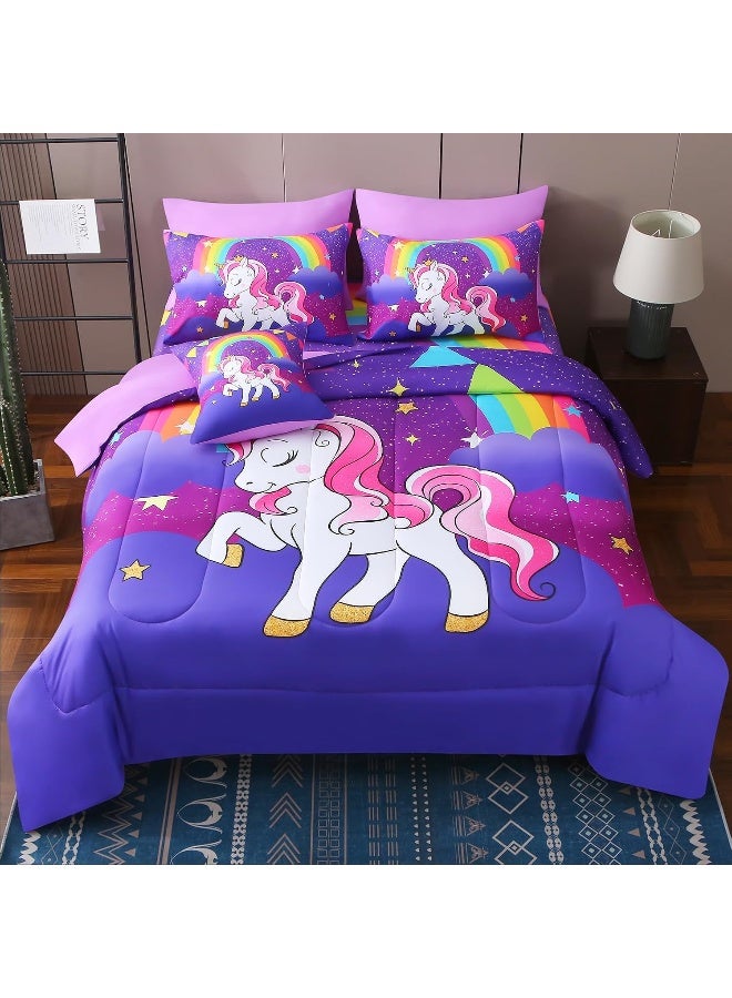 JQinHome Unicorn Full Bedding Sets for Girls Kids, 8 Piece Bed in A Bag 3D Purple Rainbow Theme Unicorn Comforter Set with Sheet Set  - Image 1