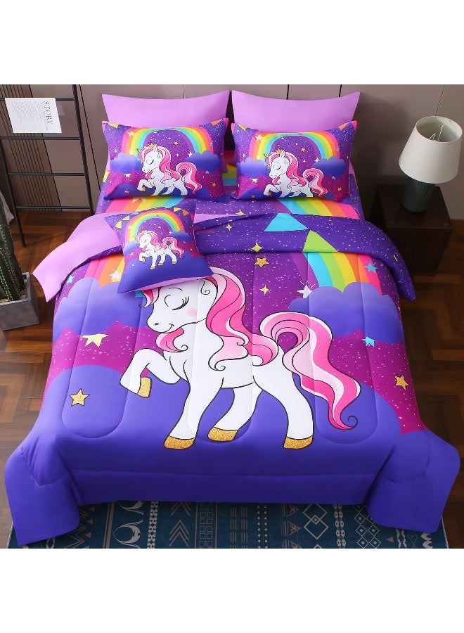 JQinHome Unicorn Full Bedding Sets for Girls Kids, 8 Piece Bed in A Bag 3D Purple Rainbow Theme Unicorn Comforter Set with Sheet Set  - Image 2