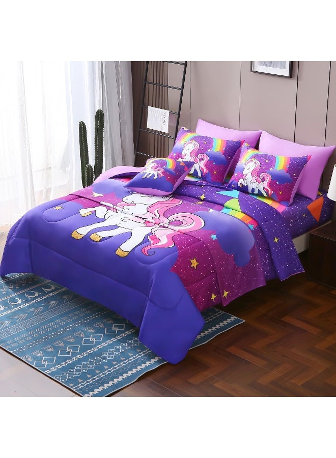 JQinHome Unicorn Full Bedding Sets for Girls Kids, 8 Piece Bed in A Bag 3D Purple Rainbow Theme Unicorn Comforter Set with Sheet Set  - Image 3