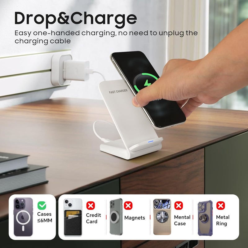 Baytion Wireless Charger, Wireless Phone Charger Station 15W Qi for iPhone 15/15 Plus/14/14 Pro/14 ProMax/13/13 ProMax/SE/11/11 Pro/XR&Galaxy S24/S23/S22（USB-C Cable） (White) - Image 3