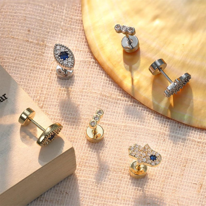 KRFY Gold Flat Back Stud Earrings for Women - Small Hypoallergenic 925 Sterling Silver Post Cartilage Earring 14K Gold Plated Dainty Tiny Cubic Zirconia Studs Earrings Helix Piercing Jewelry Stud Earrings for Women - Image 4