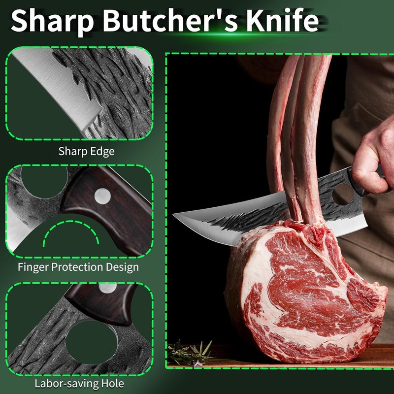 FULLHI Kitchen Knife with Guard, Multi-color Handle 7.59" Chef Knife for Meat Cutting, High Carbon Steel Forged Butcher Full Tang Chef Knife for Outdoor Cooking, Camping BBQ (Brown) - Image 4