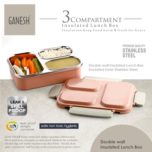 Ganesh Stainless Steel 3 Compartment Insulated Lunch Box for School & Office, Airtight Leak-Proof, Unbreakable Lid 1 Litre - Image 3