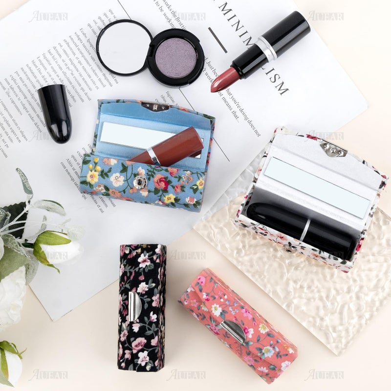 AUEAR, 4 Pack Floral Lipstick Case with Mirror for Purse Travel Holder (Small Flower Pattern) - Image 4