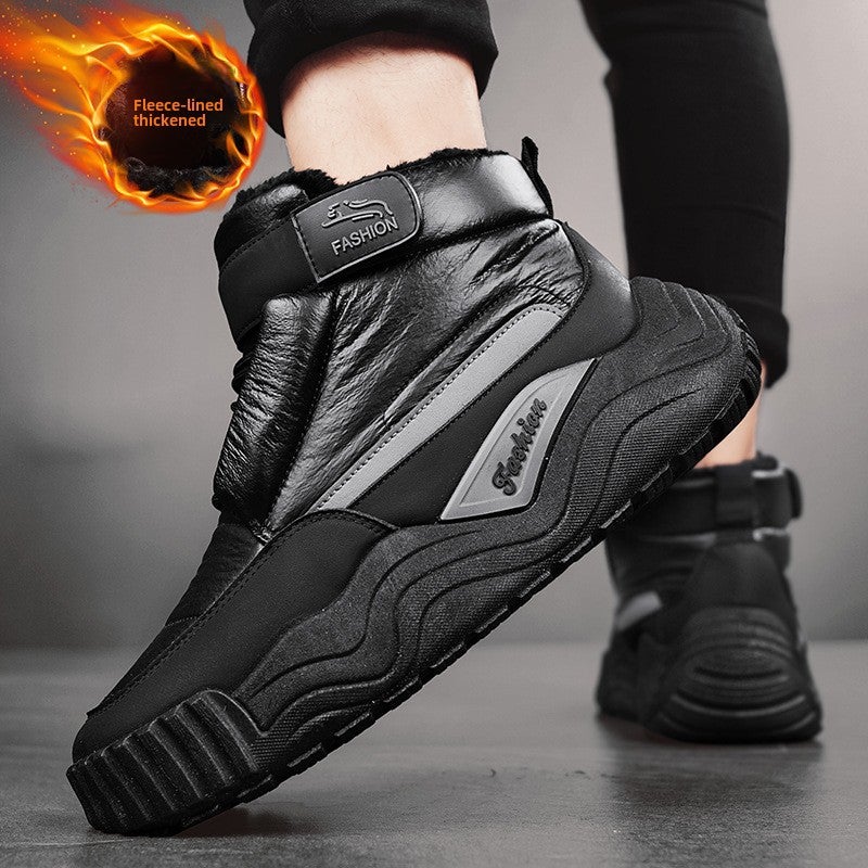 Northeast Snow Boots Mens Winter fleece-lined Warm Down Large Cotton Shoes Fur One-piece Waterproof Non-slip Bread Cotton Boots Black