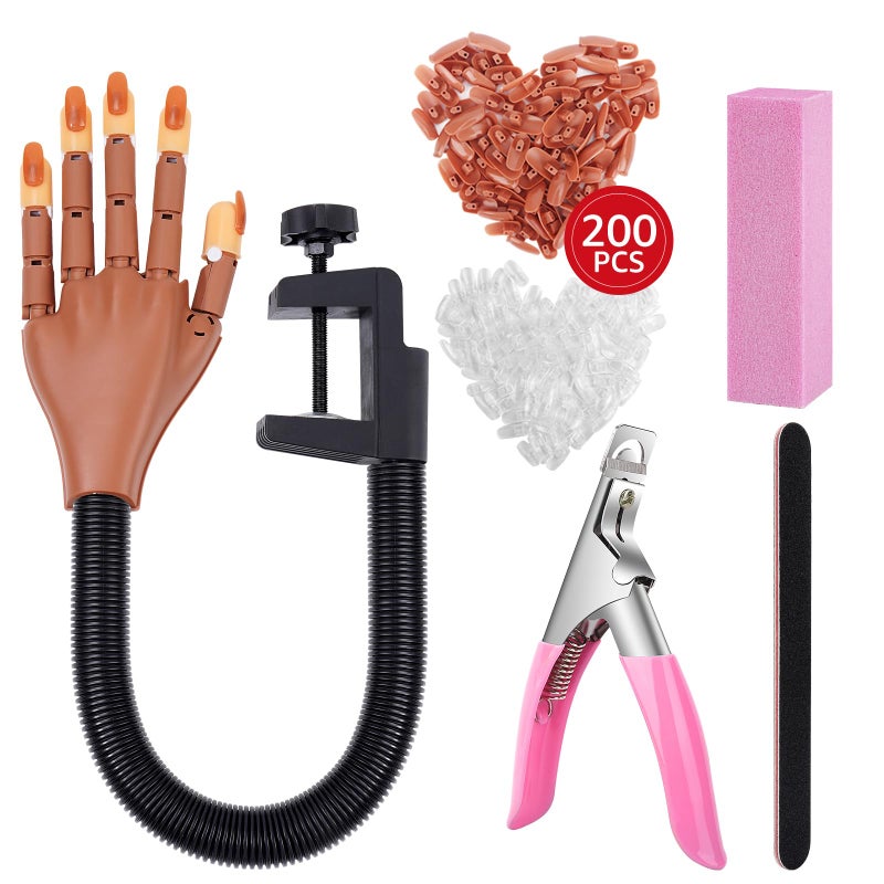 Deciniee Nail Practice Hand for Acrylic Nails Flexible Nail Maniquin Hand to Practice Nail Art Movable Nail Training Hands for Beginners Nail Skills Practicing with 200pcs Fake Nails Tips