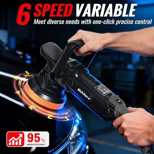 Makihara Car Buffer Polisher, 5 Inch Random Orbital Car Polisher, 1600W 6 Variable Speed 600-3600 RPM, 26Pcs Attachments, Polisher for Car Detailing, Boat Sanding, Scratch Removing - Image 3