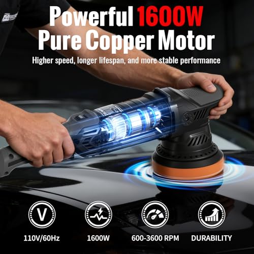 Makihara Car Buffer Polisher, 5 Inch Random Orbital Car Polisher, 1600W 6 Variable Speed 600-3600 RPM, 26Pcs Attachments, Polisher for Car Detailing, Boat Sanding, Scratch Removing - Image 2