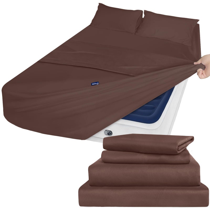 Moonsea Deep Pocket Full Sheet Set - Full Size Sheet Sets for Air Mattress - Breathable & Extra Soft Easy Fit 16in to 24in Mattress - 4 Piece Set - Brown Bed Sheets Set - Image 1