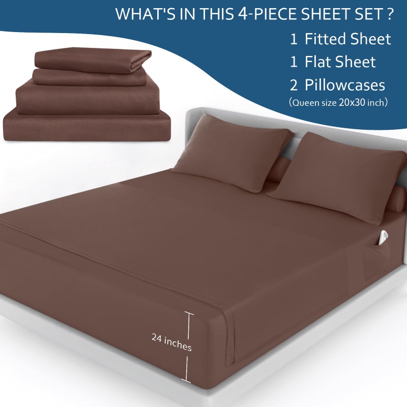 Moonsea Deep Pocket Full Sheet Set - Full Size Sheet Sets for Air Mattress - Breathable & Extra Soft Easy Fit 16in to 24in Mattress - 4 Piece Set - Brown Bed Sheets Set - Image 4