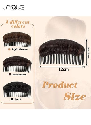 3 Pieces Hair Bun Invisible False Hair Clip, Hair Base Bump Fluffy Hair Pad Styling Insert Tool Volume Fluffy Princess Styling Increased Hair Pad for Women Girls (Black, Light Brown, Dark Brown) - view 2